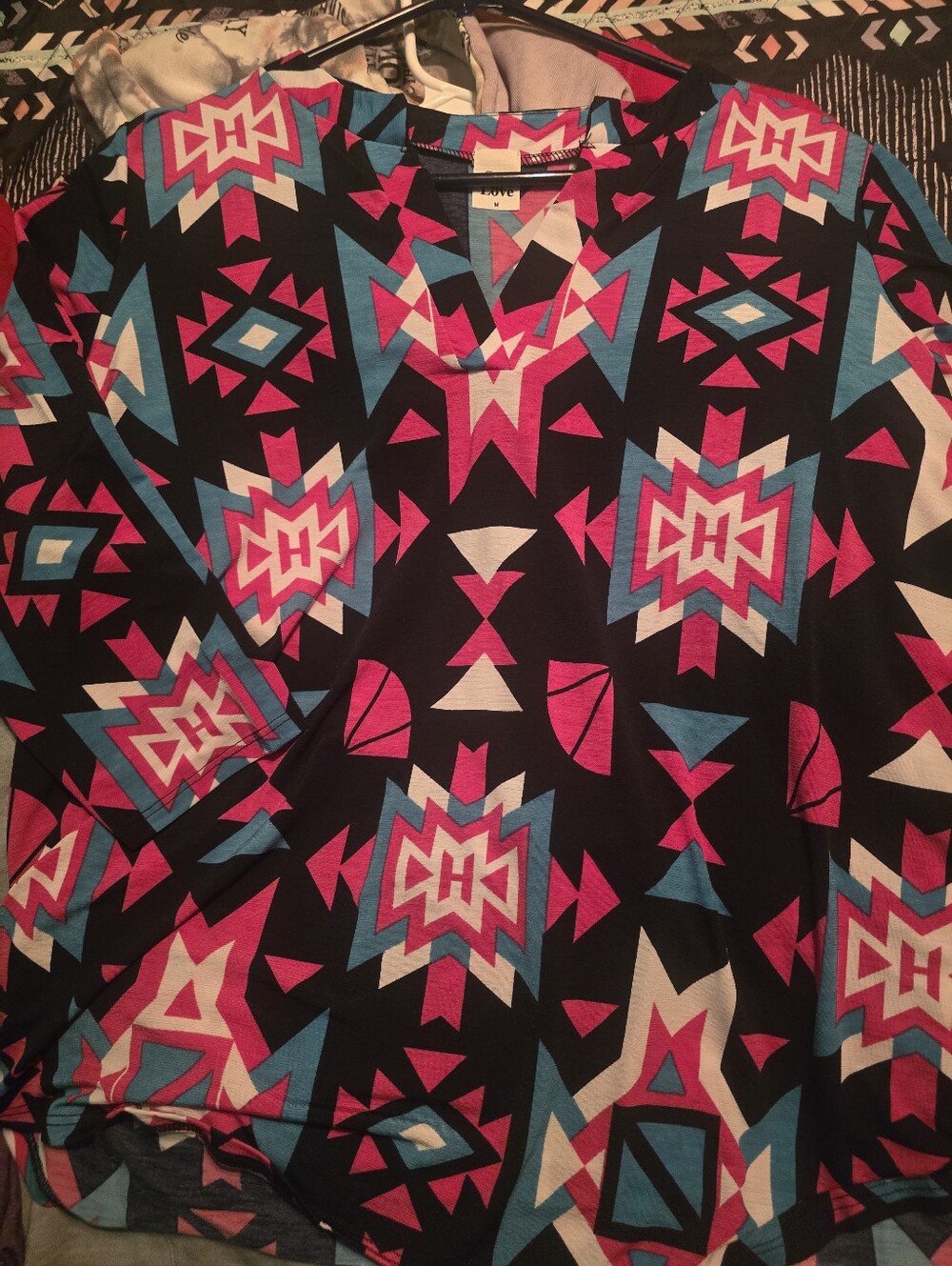 Women’s Black Geometric Print Tunic Top with Pink & Teal Accents